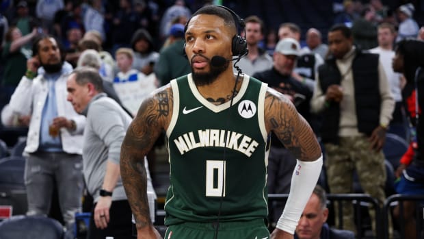 February 23, 2024; Milwaukee Bucks guard Damian Lillard after a win against the Minnesota Timberwolves at Target Center